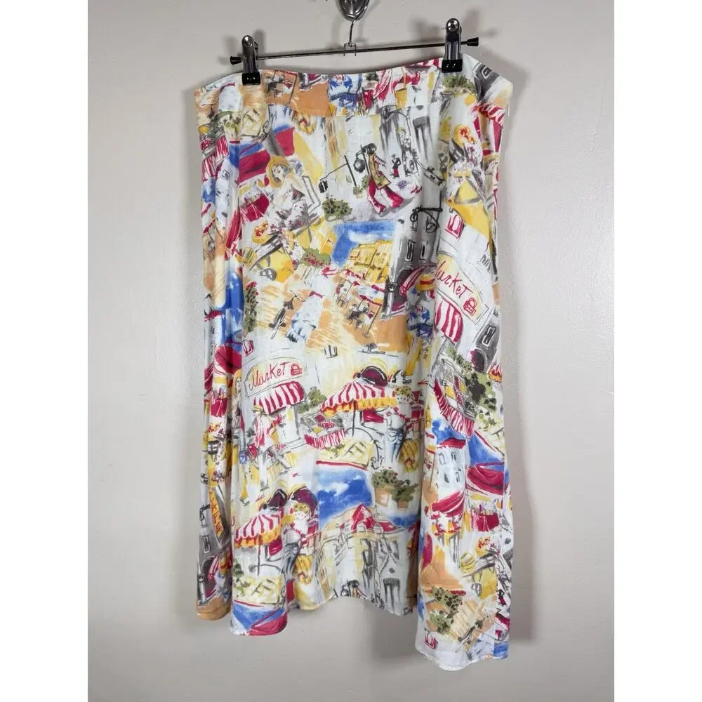 Liz Claiborne Womens Skirt Linen A Line Midi Novelty Print French 14 Coastal - Picture 1 of 9